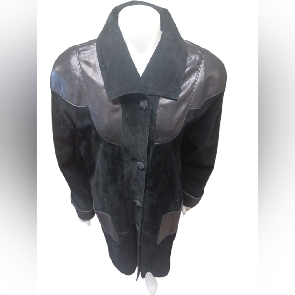 Manfred GUC Vintage Leather/Suede Long Black Coat Size 6 - Picture 2 of 12